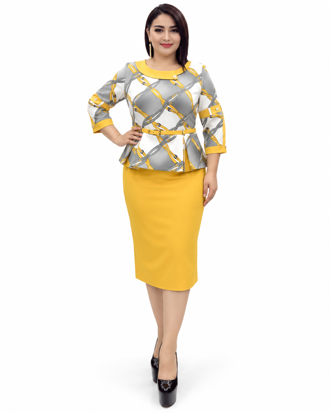 Yellow Printed Blouse and Skirt Set
