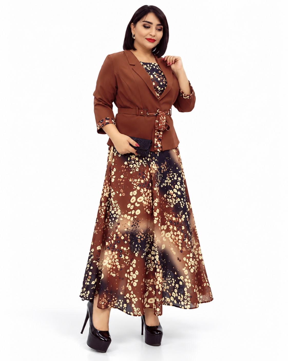 Brown Blazer Floral Dress Set